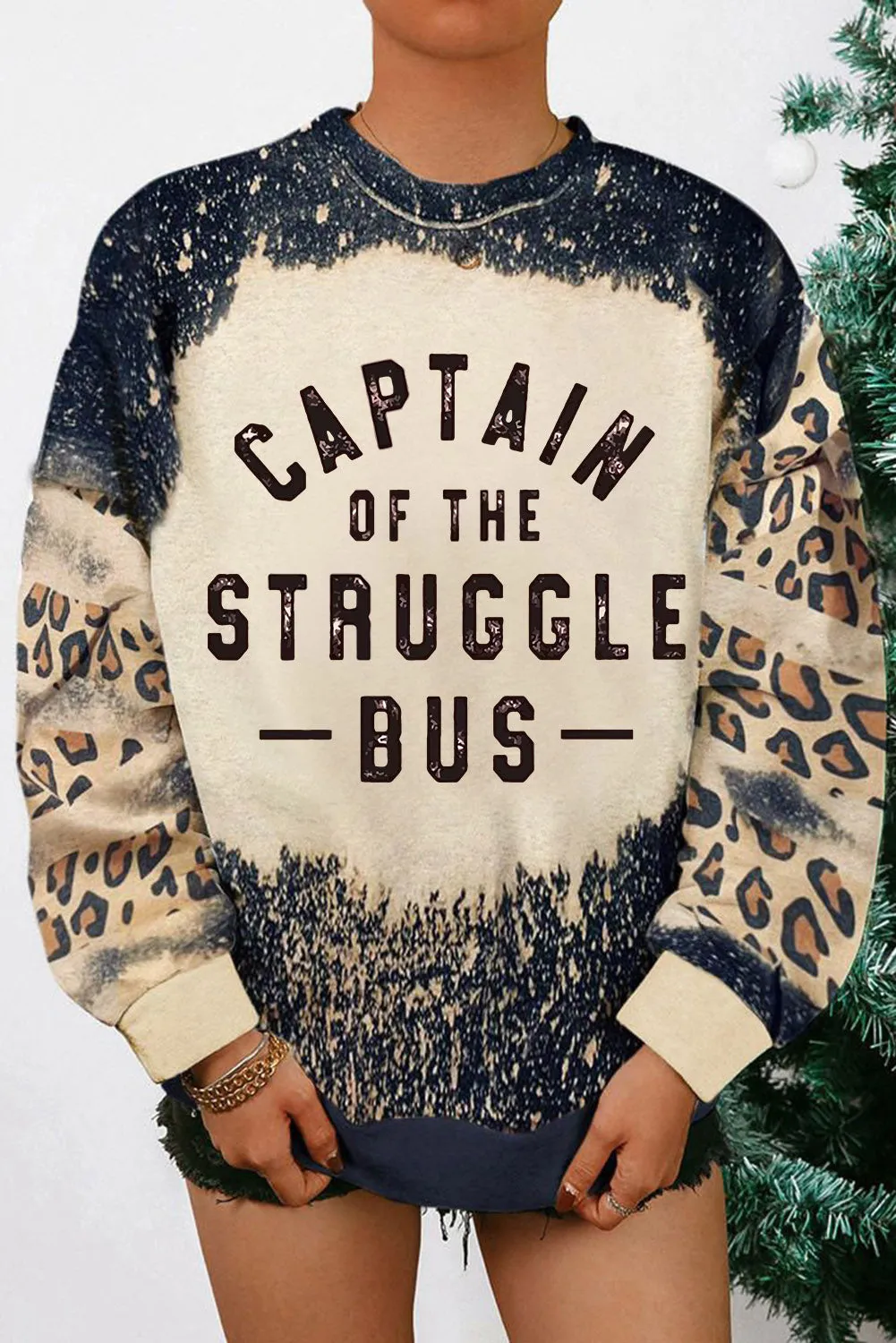 Black CAPTAIN OF THE STRUGGLE BUS Leopard Bleached Sweatshirt