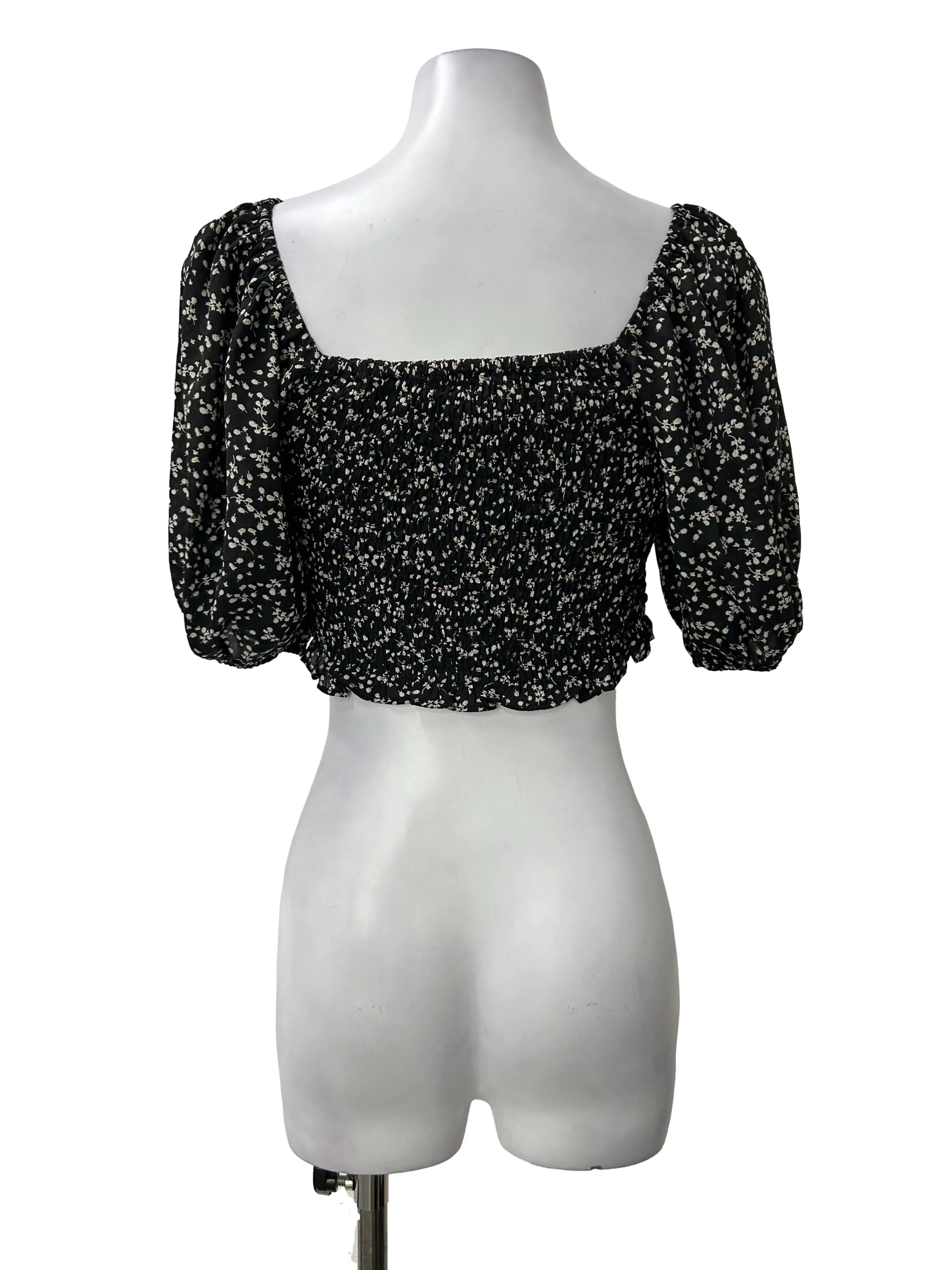 Black Cropped Floral Puff Sleeve Top