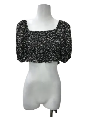 Black Cropped Floral Puff Sleeve Top