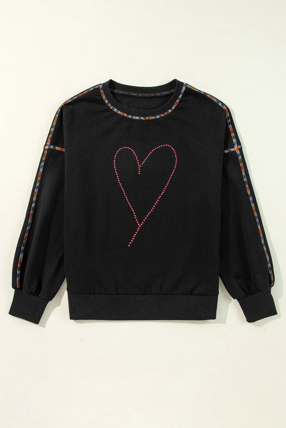 Black Rhinestone Heart Contrast Exposed Seam Valentines Pullover Sweatshirt