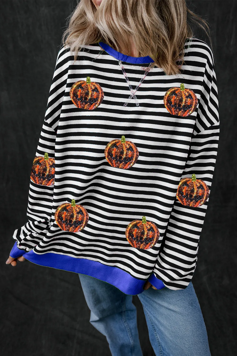 Black Stripe Oversized Contrast Trim Pullover Sweatshirt