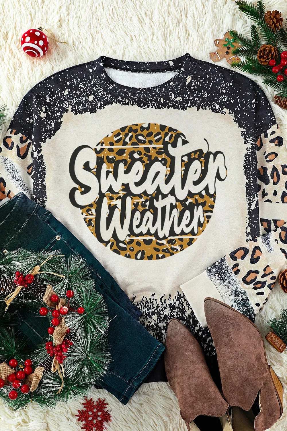 Black Sweater Weather Letters Print Bleached Leopard Sweatshirt