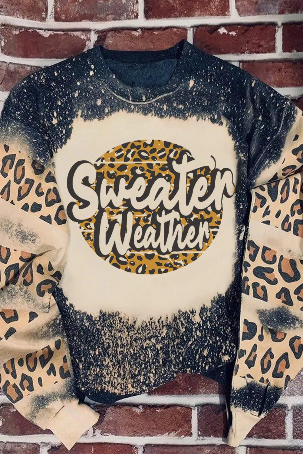Black Sweater Weather Letters Print Bleached Leopard Sweatshirt