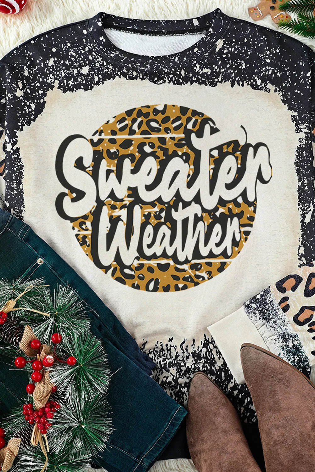 Black Sweater Weather Letters Print Bleached Leopard Sweatshirt