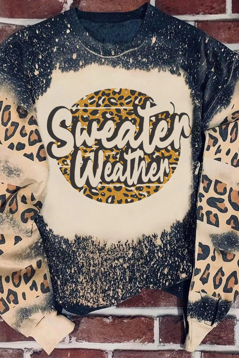 Black Sweater Weather Letters Print Bleached Leopard Sweatshirt