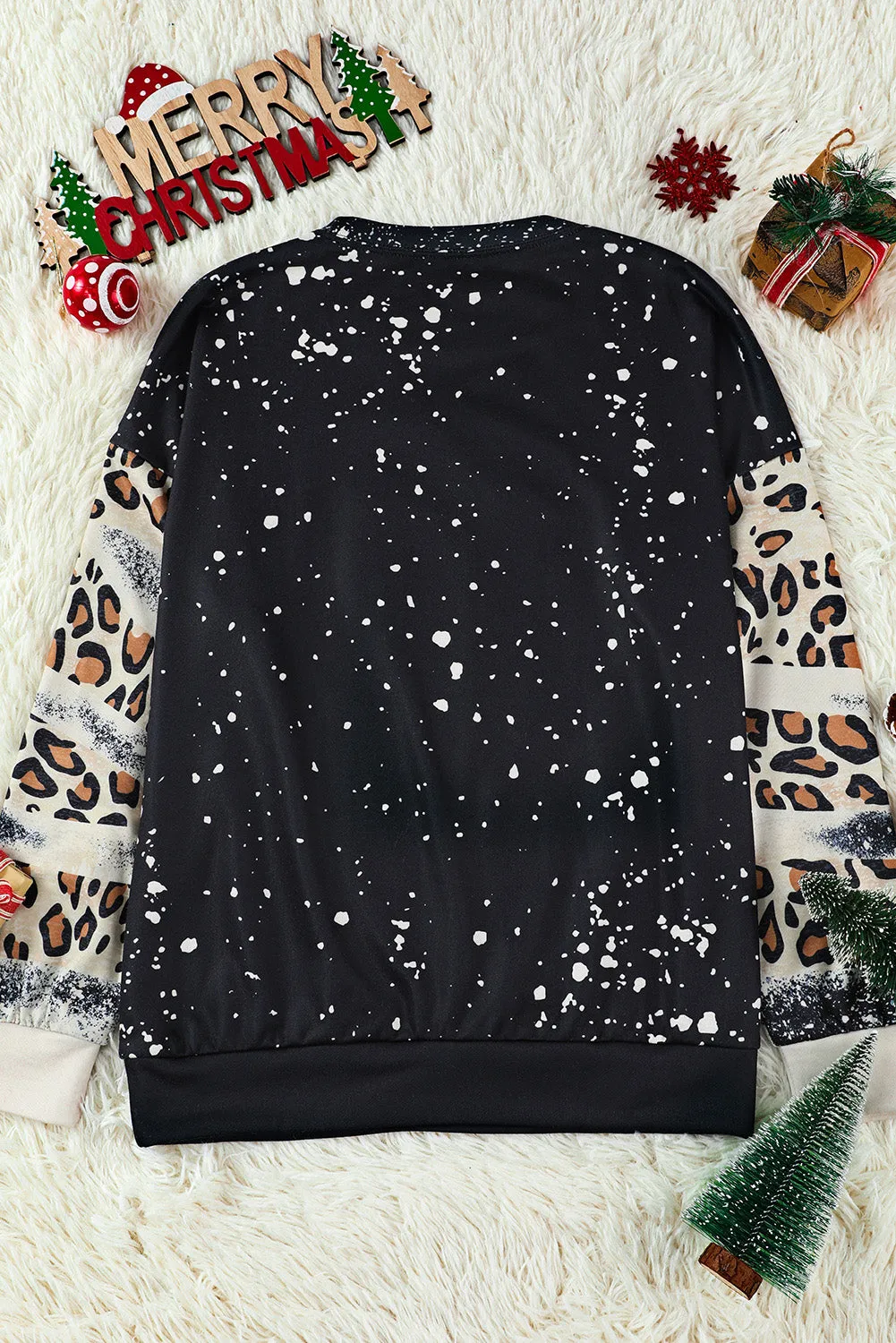 Black Sweater Weather Letters Print Bleached Leopard Sweatshirt