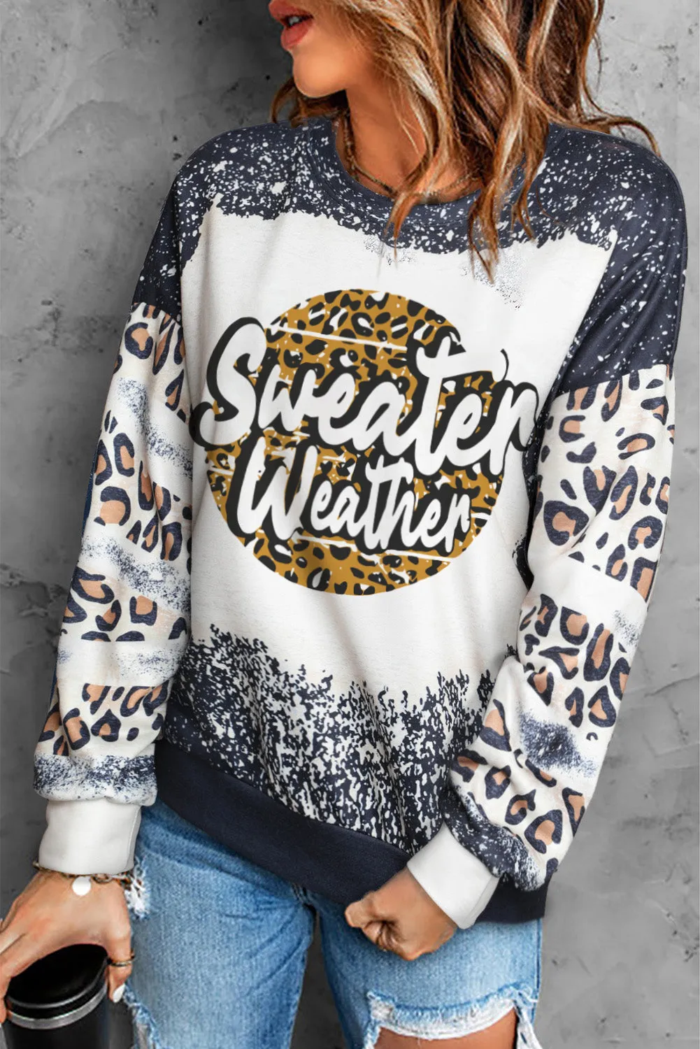Black Sweater Weather Letters Print Bleached Leopard Sweatshirt