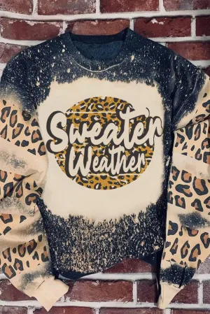 Black Sweater Weather Letters Print Bleached Leopard Sweatshirt