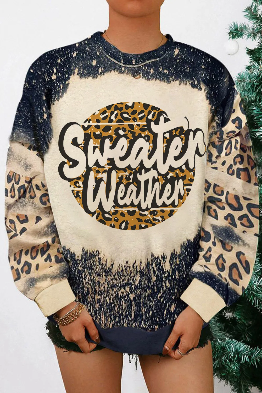 Black Sweater Weather Letters Print Bleached Leopard Sweatshirt