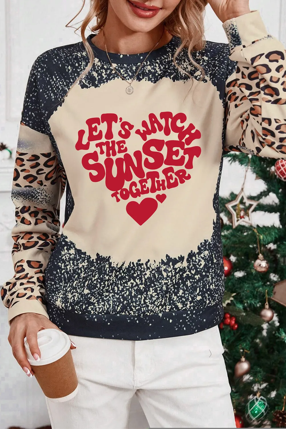Black WATCH THE SUNSET TOGETHER Graphic Leopard Bleached Sweatshirt