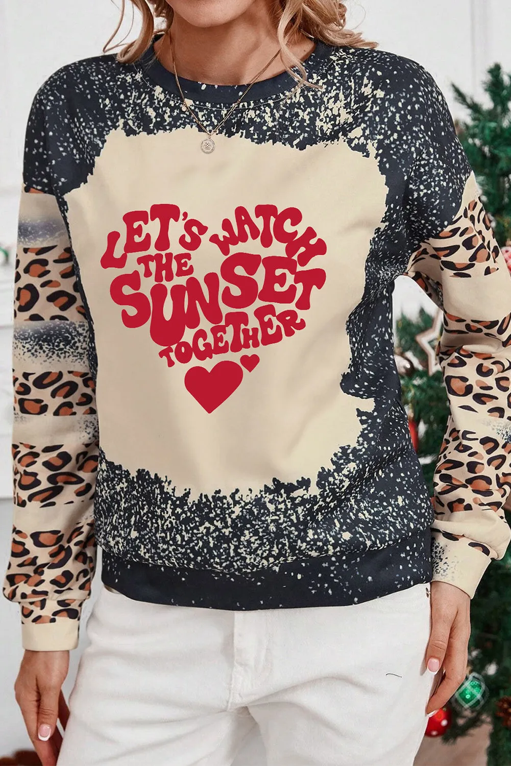 Black WATCH THE SUNSET TOGETHER Graphic Leopard Bleached Sweatshirt
