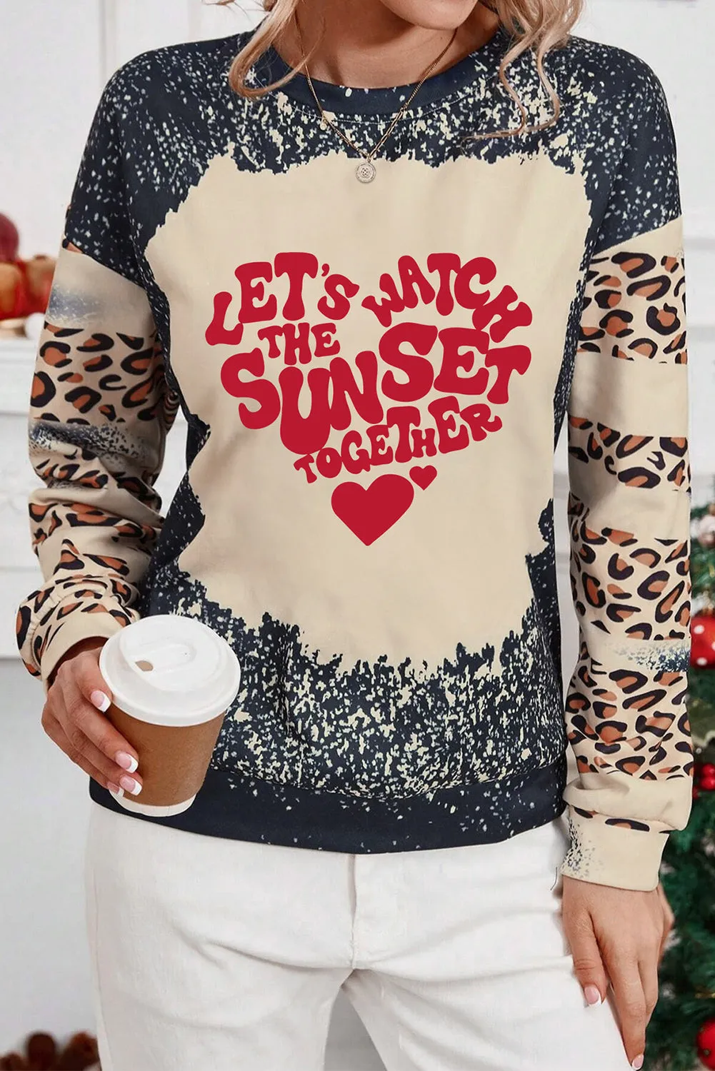 Black WATCH THE SUNSET TOGETHER Graphic Leopard Bleached Sweatshirt