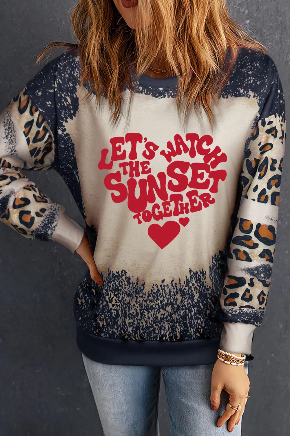 Black WATCH THE SUNSET TOGETHER Graphic Leopard Bleached Sweatshirt