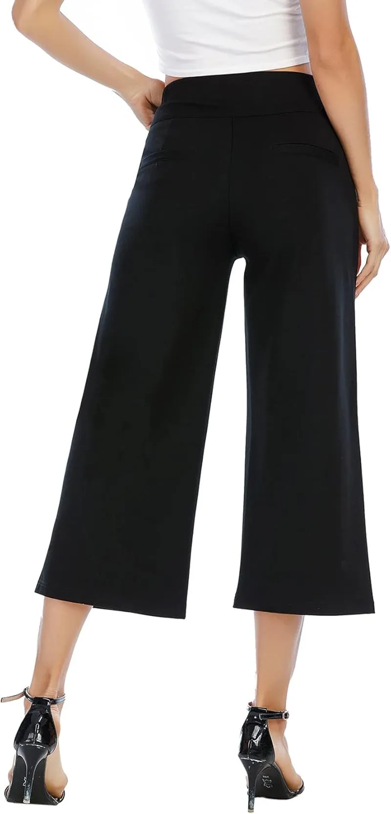 Black Wide Leg Pants for Women High Waisted Loose Pull on Cropped Dress Pants Business Casual Work with Pockets