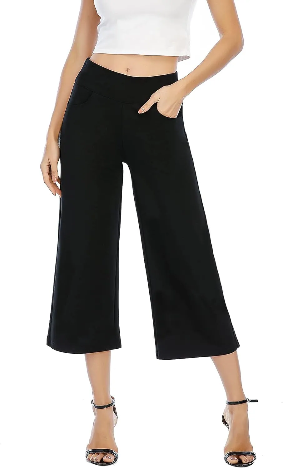 Black Wide Leg Pants for Women High Waisted Loose Pull on Cropped Dress Pants Business Casual Work with Pockets