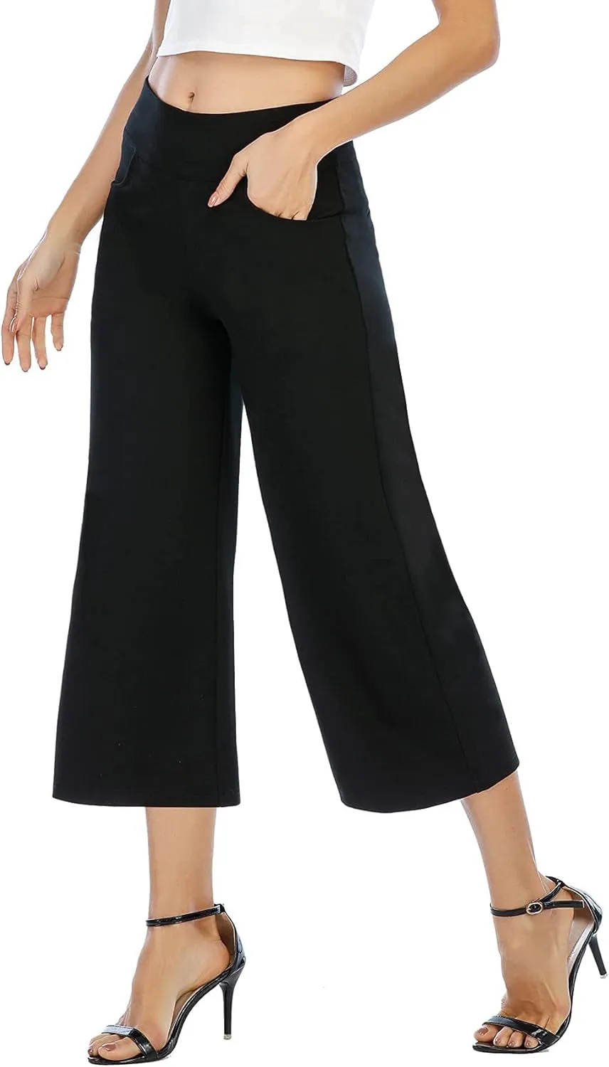 Black Wide Leg Pants for Women High Waisted Loose Pull on Cropped Dress Pants Business Casual Work with Pockets