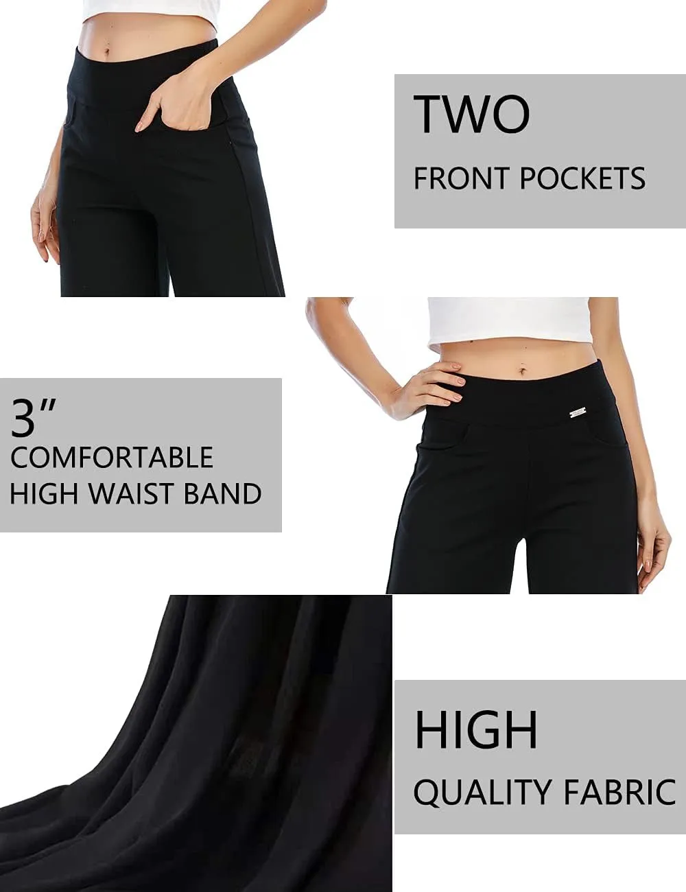 Black Wide Leg Pants for Women High Waisted Loose Pull on Cropped Dress Pants Business Casual Work with Pockets