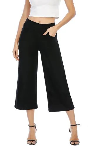 Black Wide Leg Pants for Women High Waisted Loose Pull on Cropped Dress Pants Business Casual Work with Pockets
