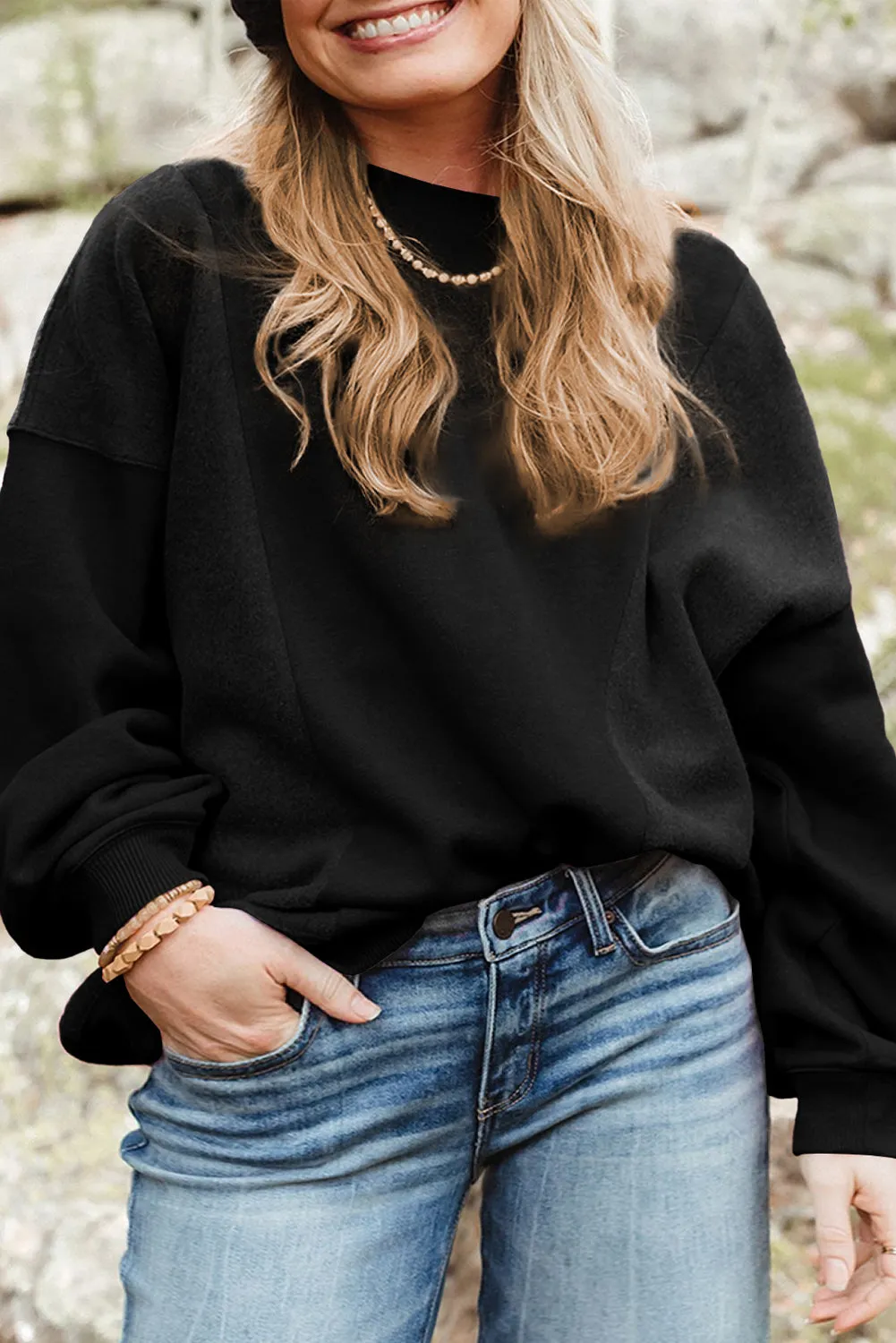Blackish Green Loose Patchwork Crewneck Plus Size Sweatshirt