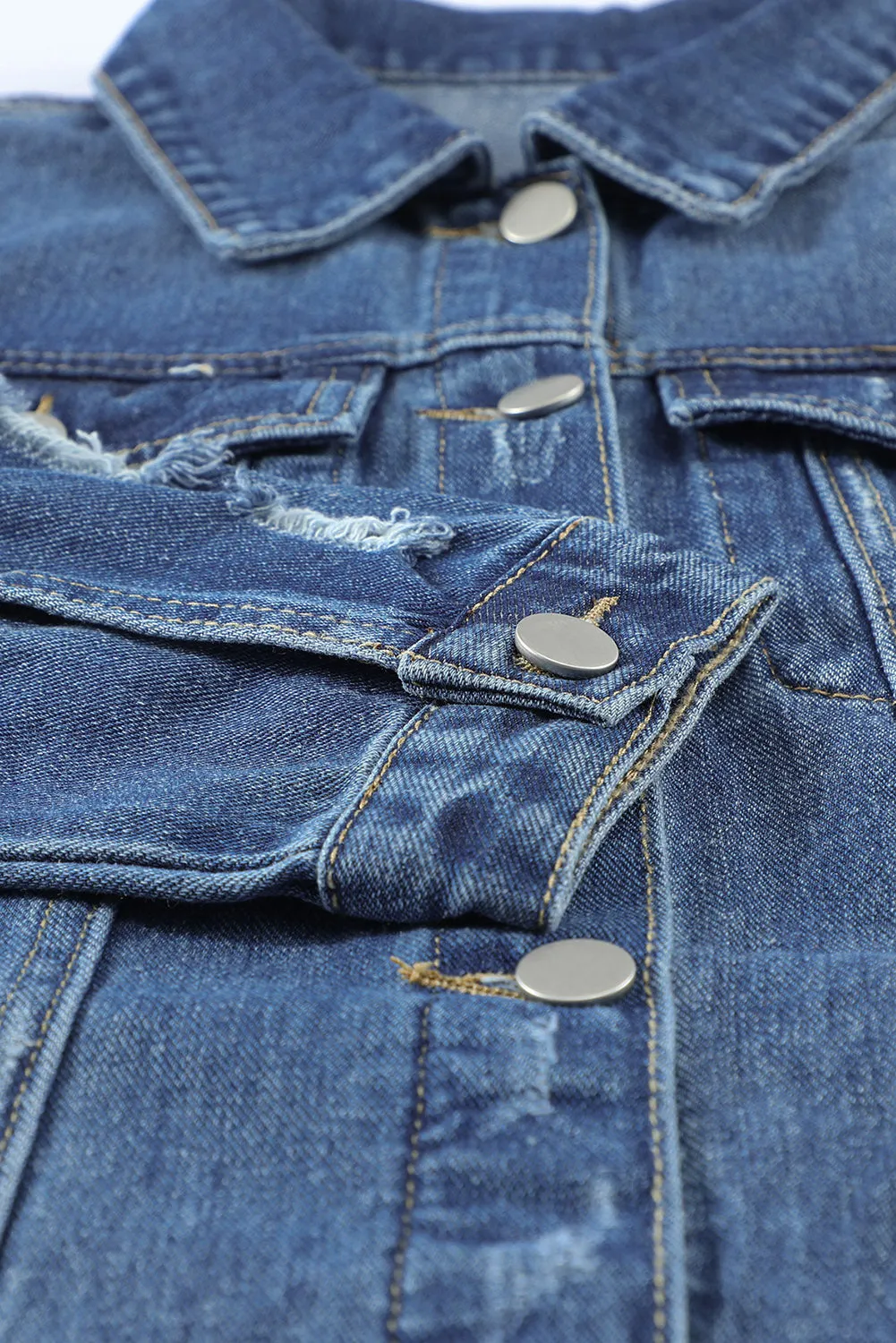 Blue Lapel Raw Hem Buttons Denim Jacket