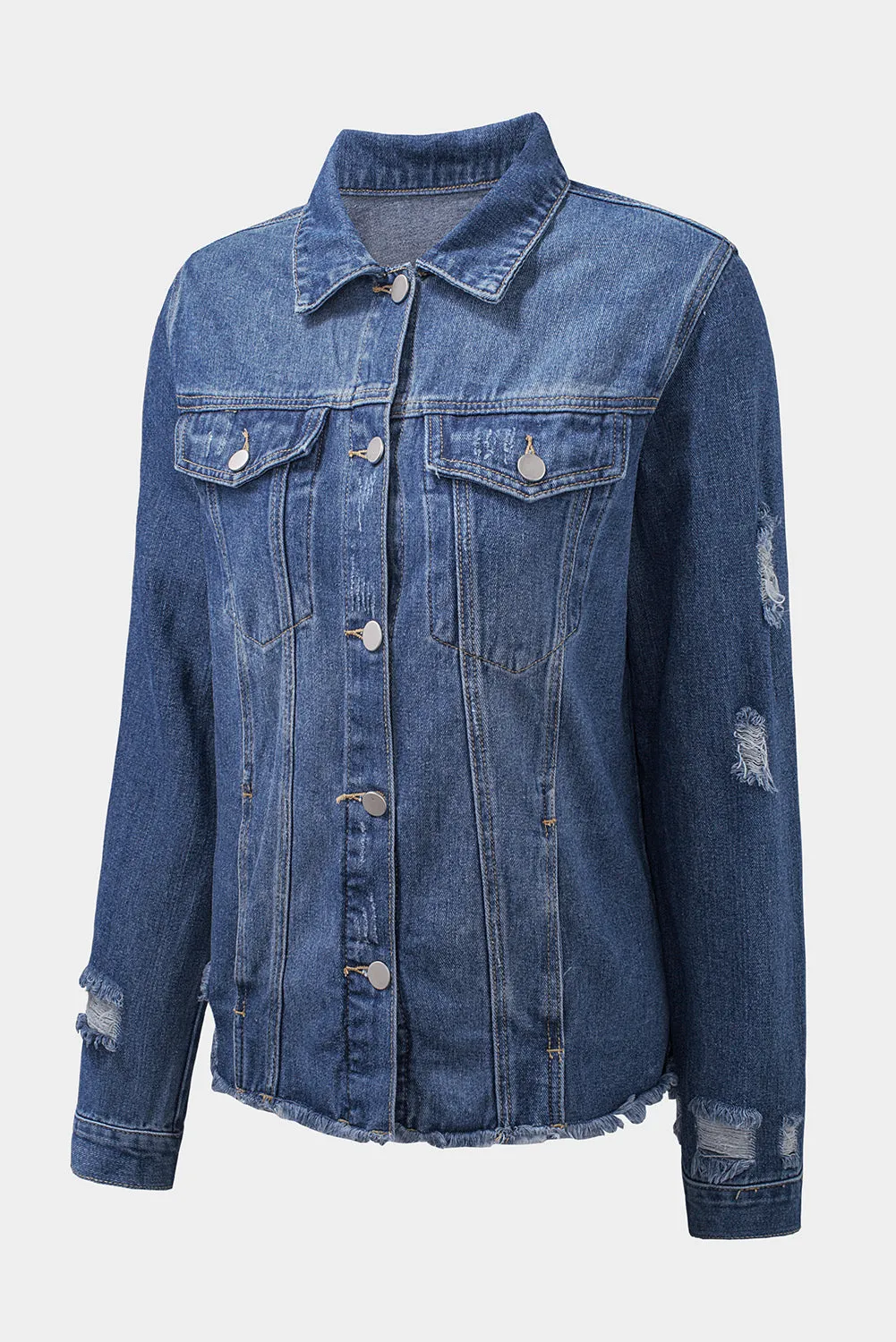 Blue Lapel Raw Hem Buttons Denim Jacket