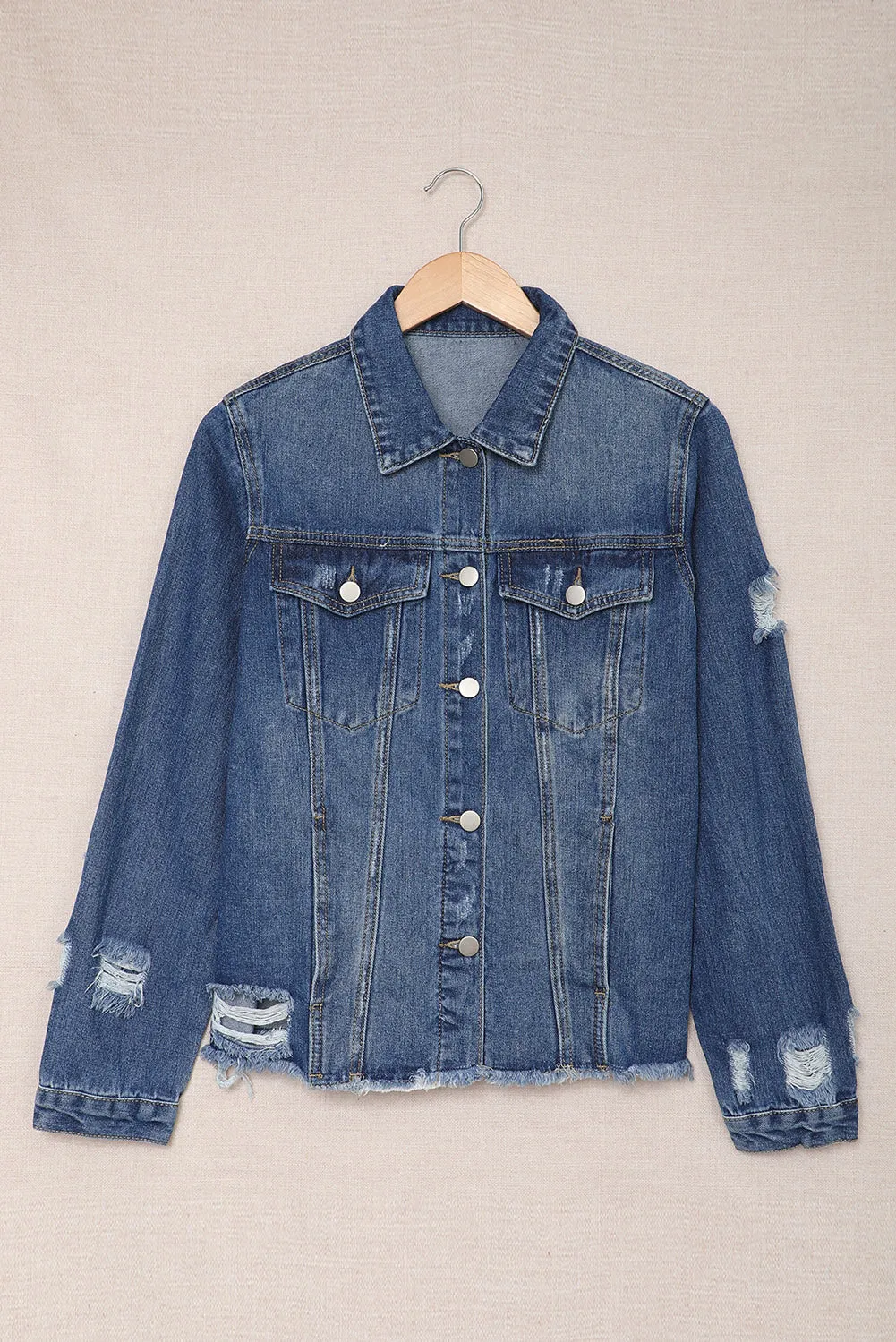 Blue Lapel Raw Hem Buttons Denim Jacket