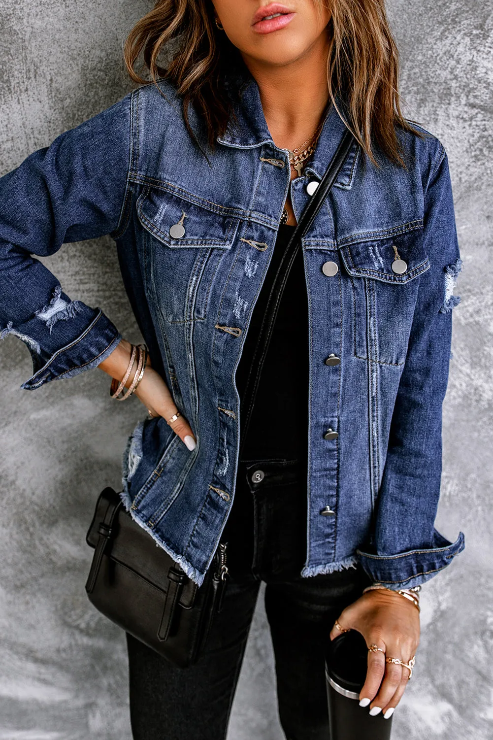 Blue Lapel Raw Hem Buttons Denim Jacket