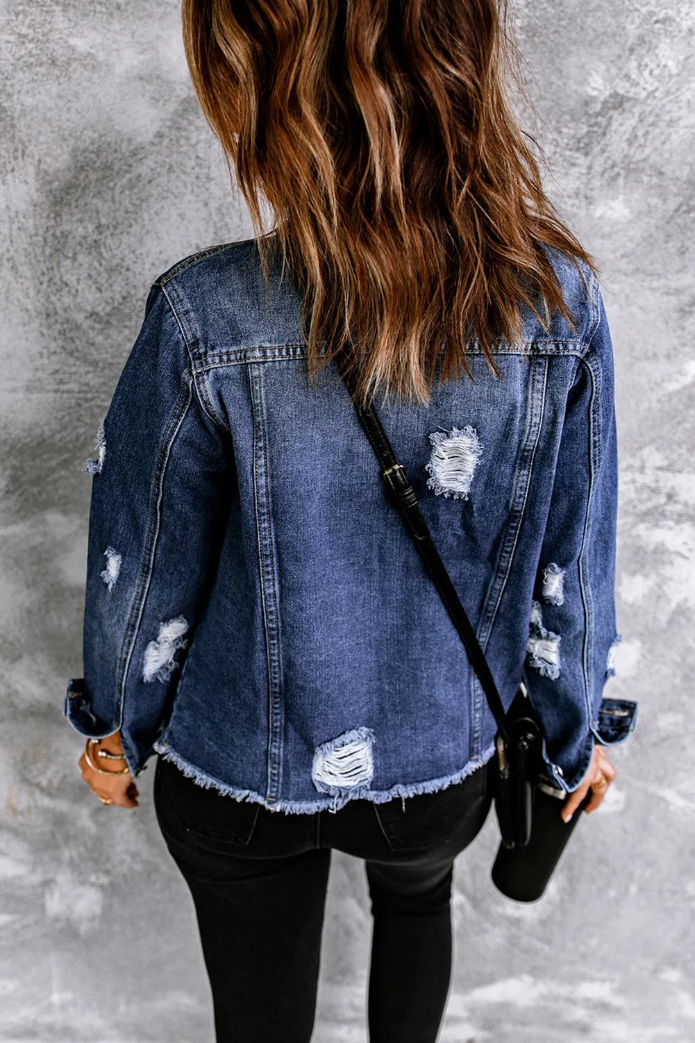 Blue Lapel Raw Hem Buttons Denim Jacket