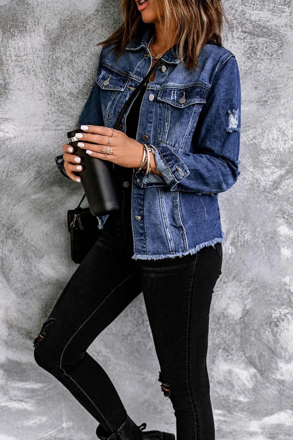 Blue Lapel Raw Hem Buttons Denim Jacket