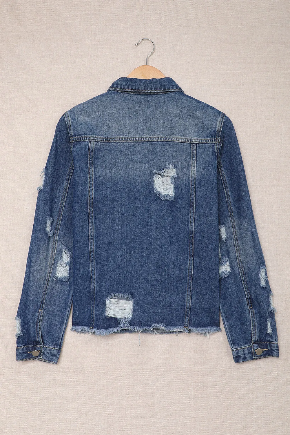 Blue Lapel Raw Hem Buttons Denim Jacket