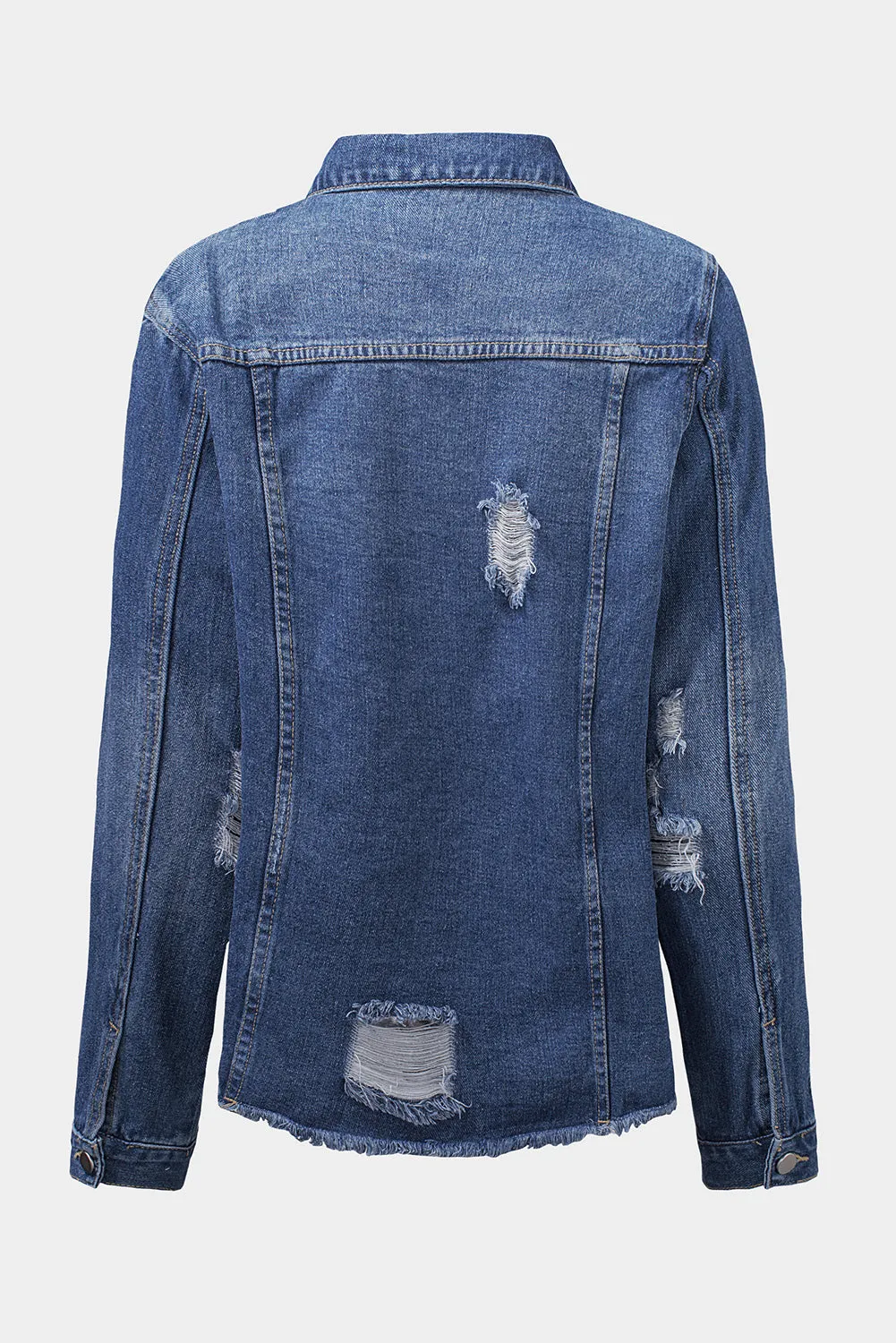 Blue Lapel Raw Hem Buttons Denim Jacket