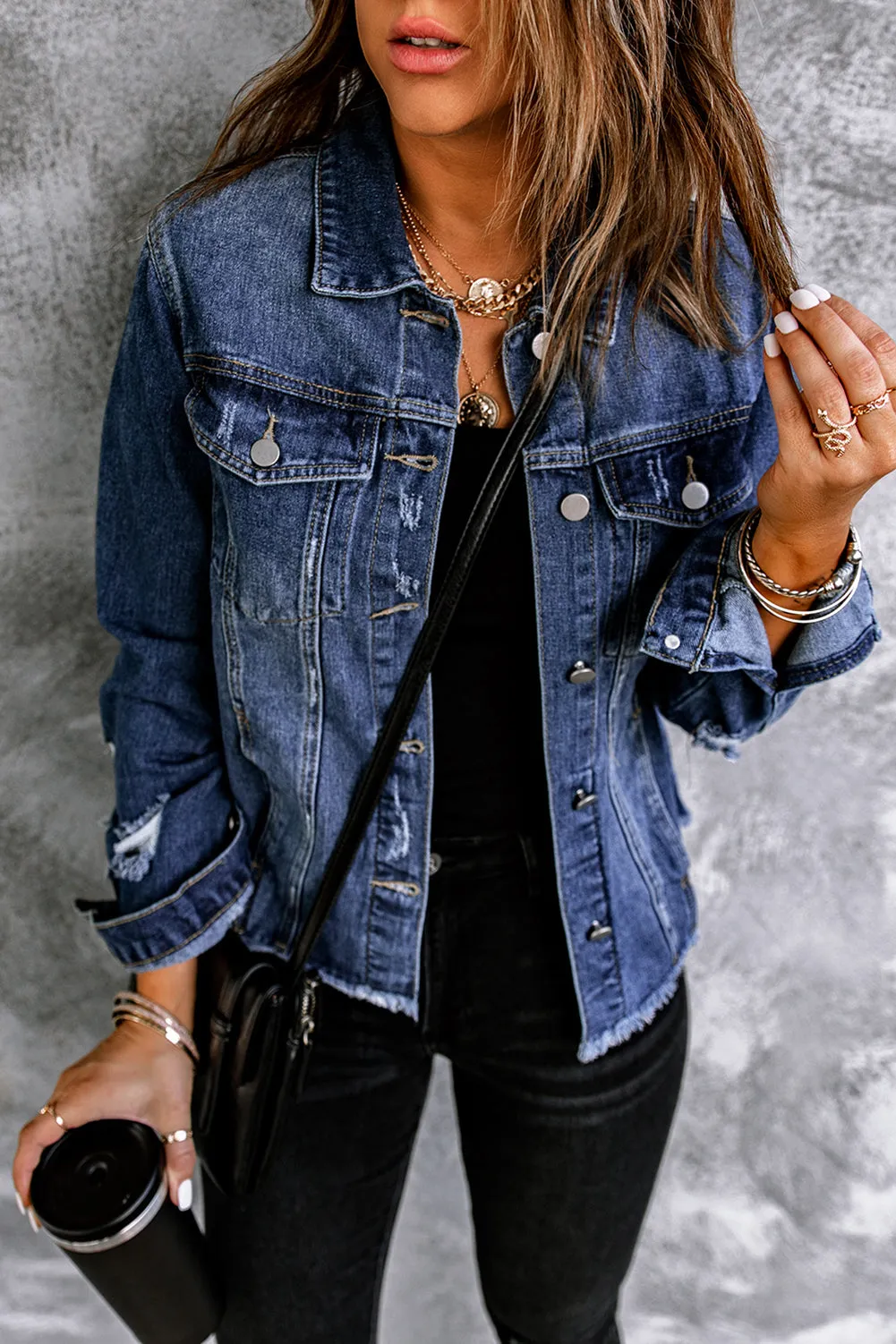 Blue Lapel Raw Hem Buttons Denim Jacket