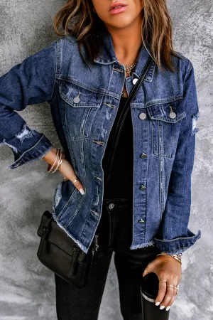 Blue Lapel Raw Hem Buttons Denim Jacket