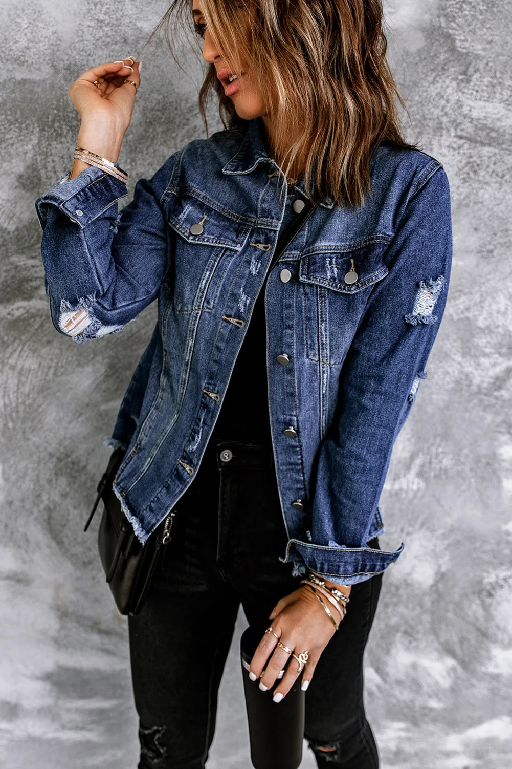 Blue Lapel Raw Hem Buttons Denim Jacket