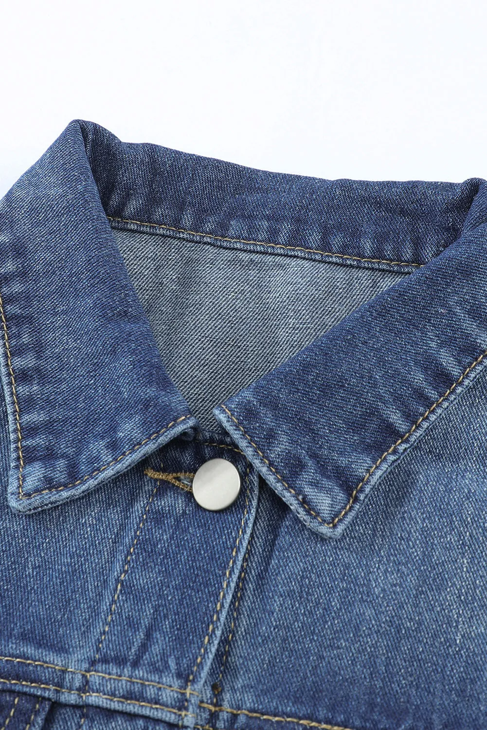 Blue Lapel Raw Hem Buttons Denim Jacket