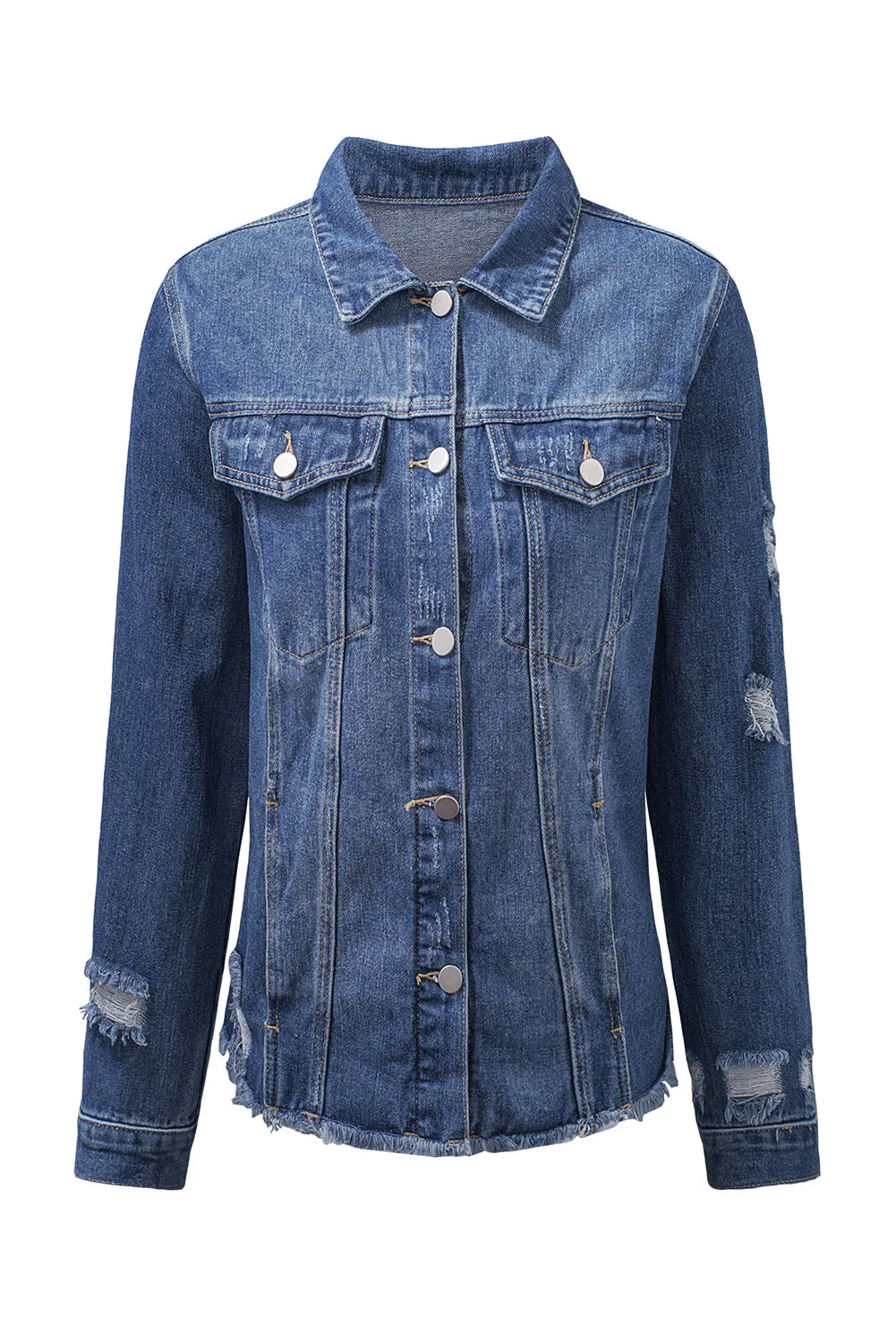 Blue Lapel Raw Hem Buttons Denim Jacket