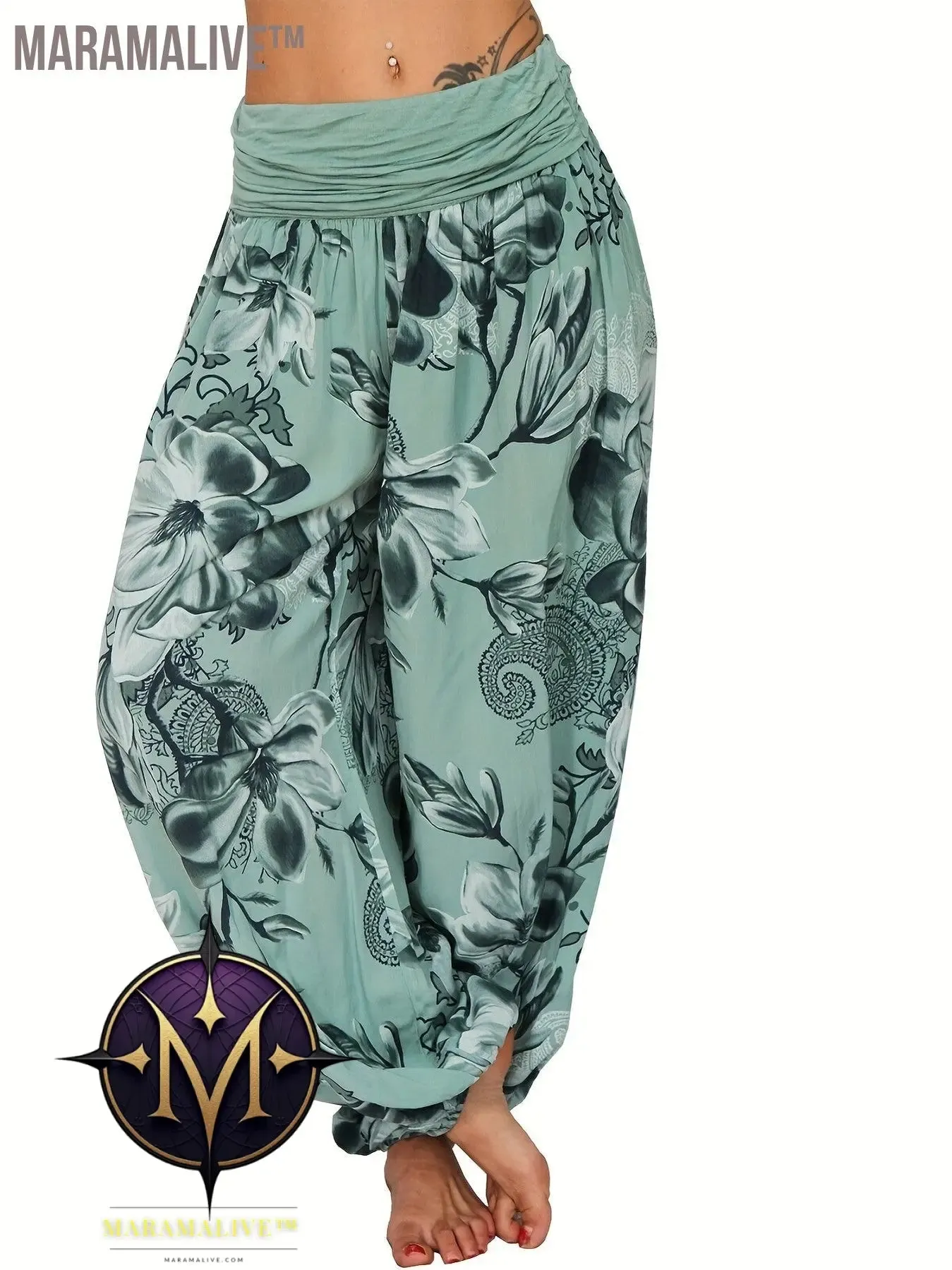 Boho Floral Print Ruched Harem Pants, Casual Bohemian Pants For Spring & Summer, Women's Clothing