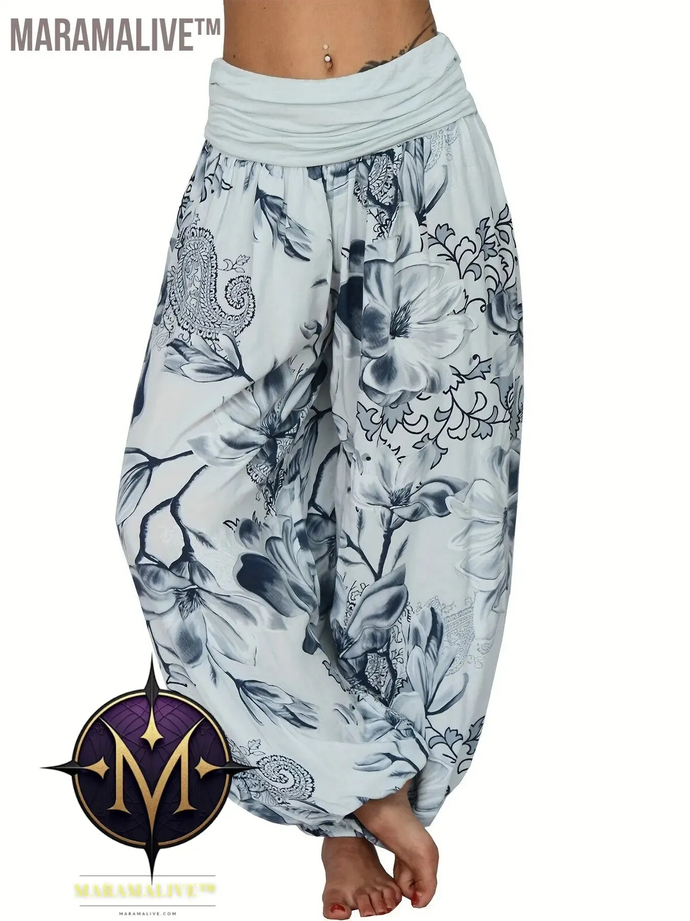 Boho Floral Print Ruched Harem Pants, Casual Bohemian Pants For Spring & Summer, Women's Clothing