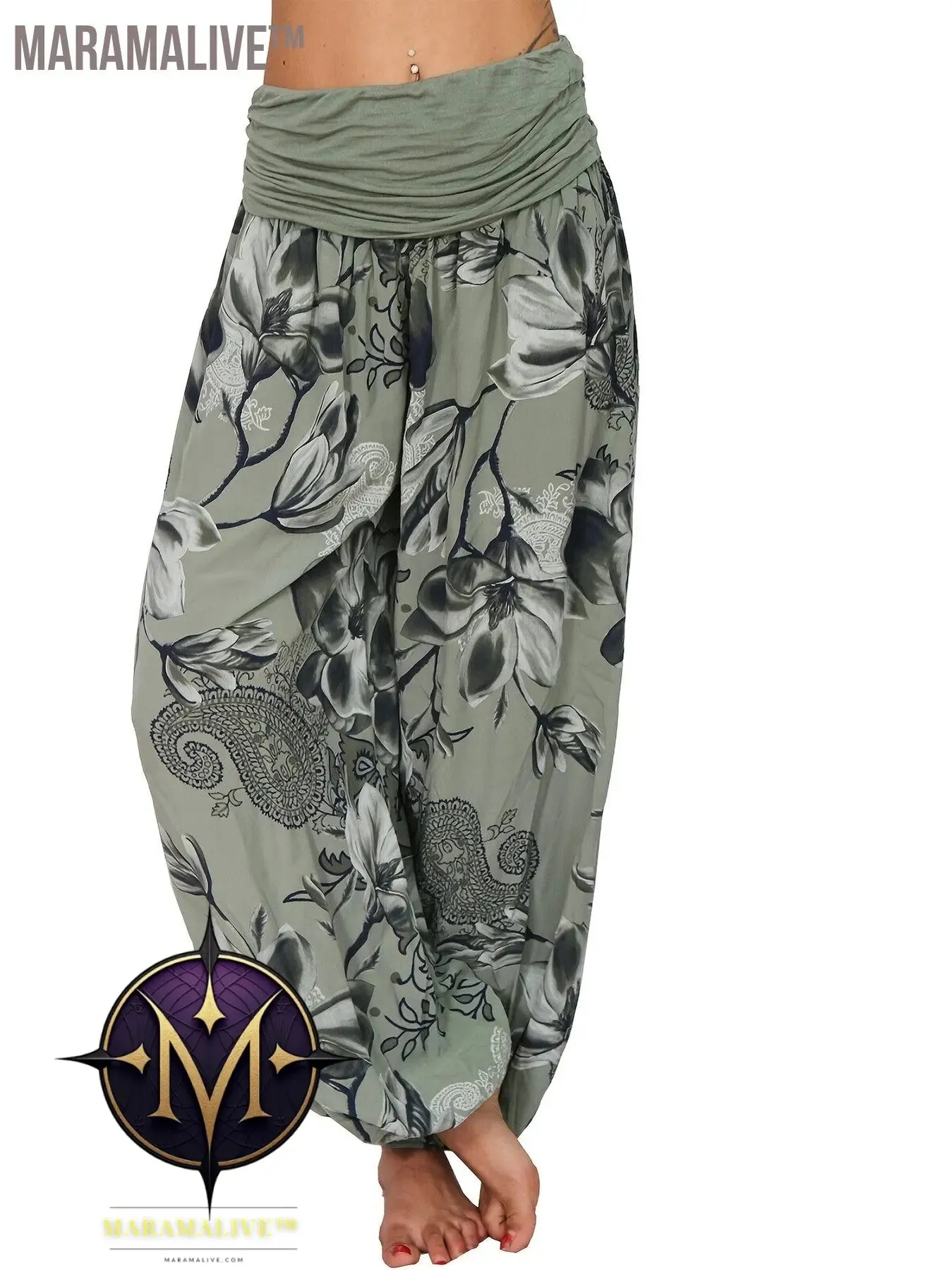 Boho Floral Print Ruched Harem Pants, Casual Bohemian Pants For Spring & Summer, Women's Clothing