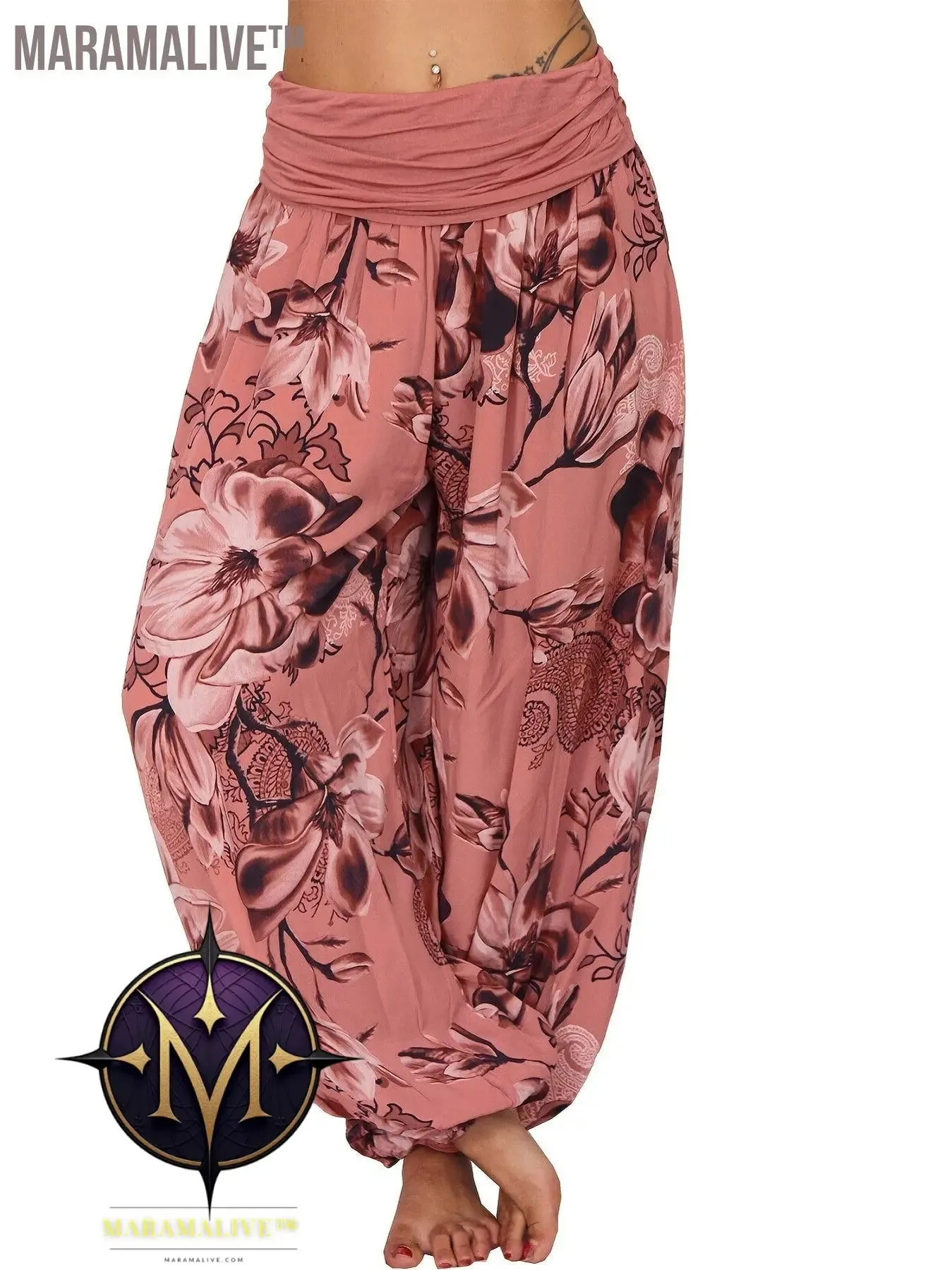 Boho Floral Print Ruched Harem Pants, Casual Bohemian Pants For Spring & Summer, Women's Clothing