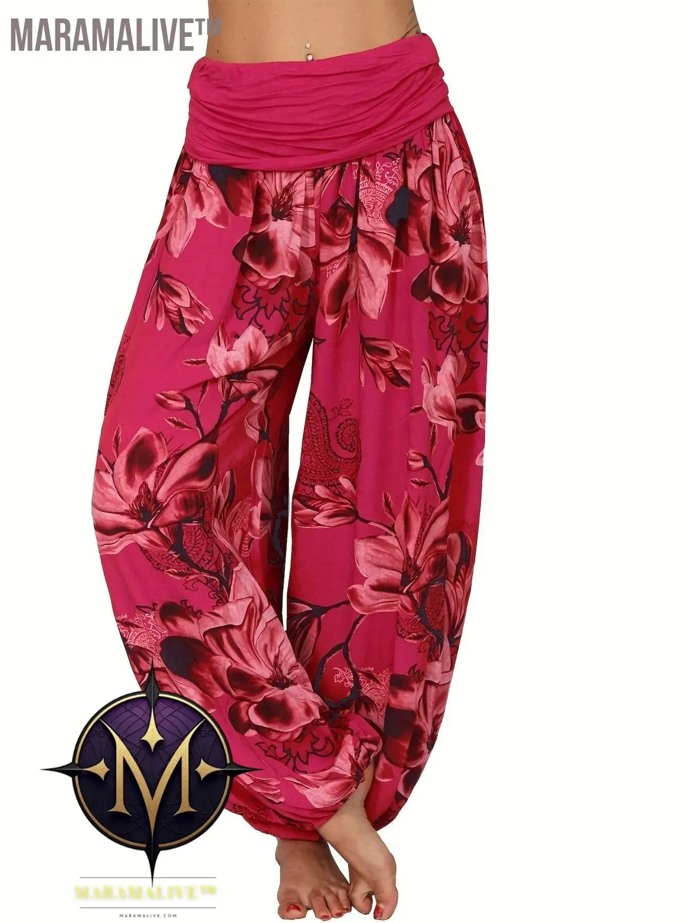 Boho Floral Print Ruched Harem Pants, Casual Bohemian Pants For Spring & Summer, Women's Clothing