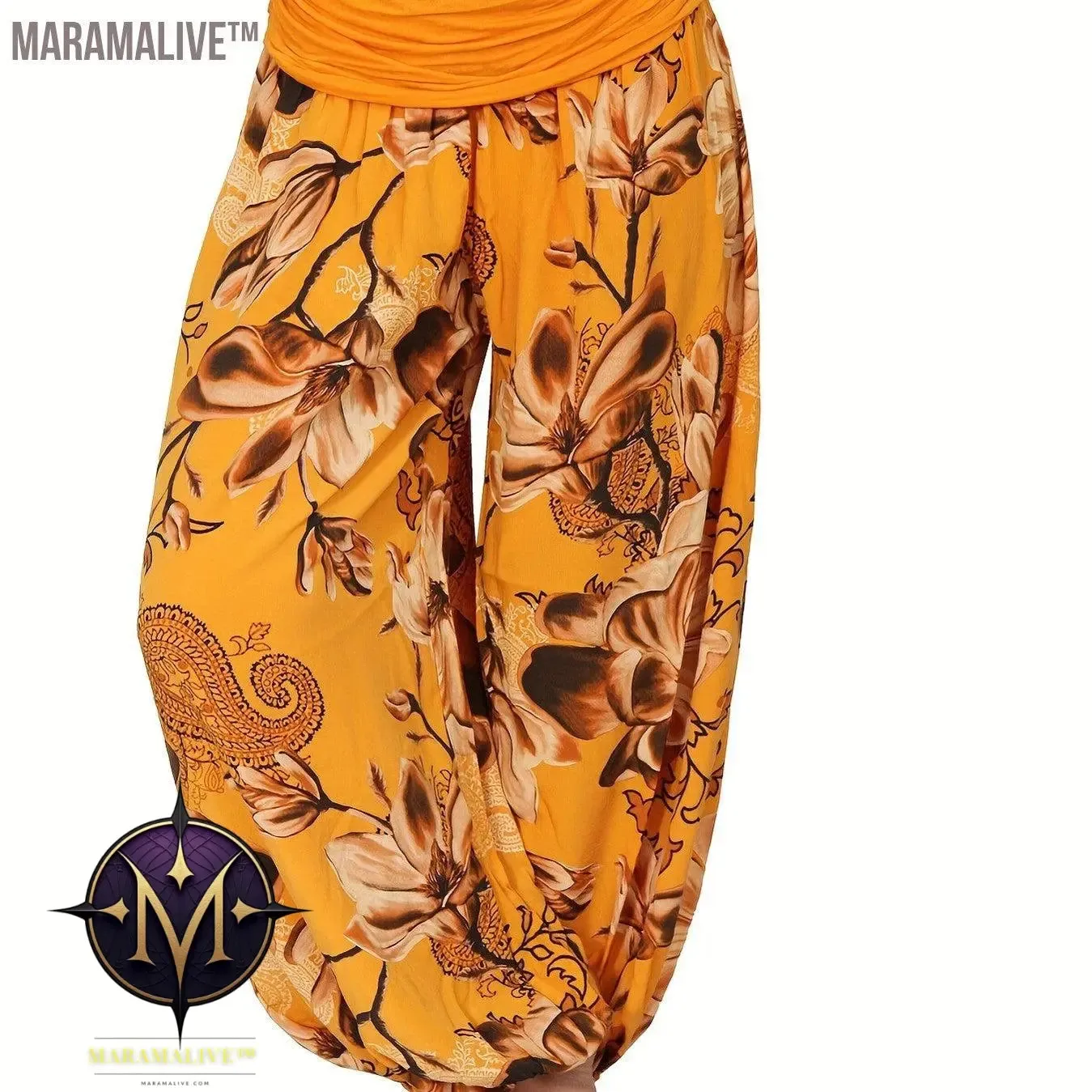 Boho Floral Print Ruched Harem Pants, Casual Bohemian Pants For Spring & Summer, Women's Clothing
