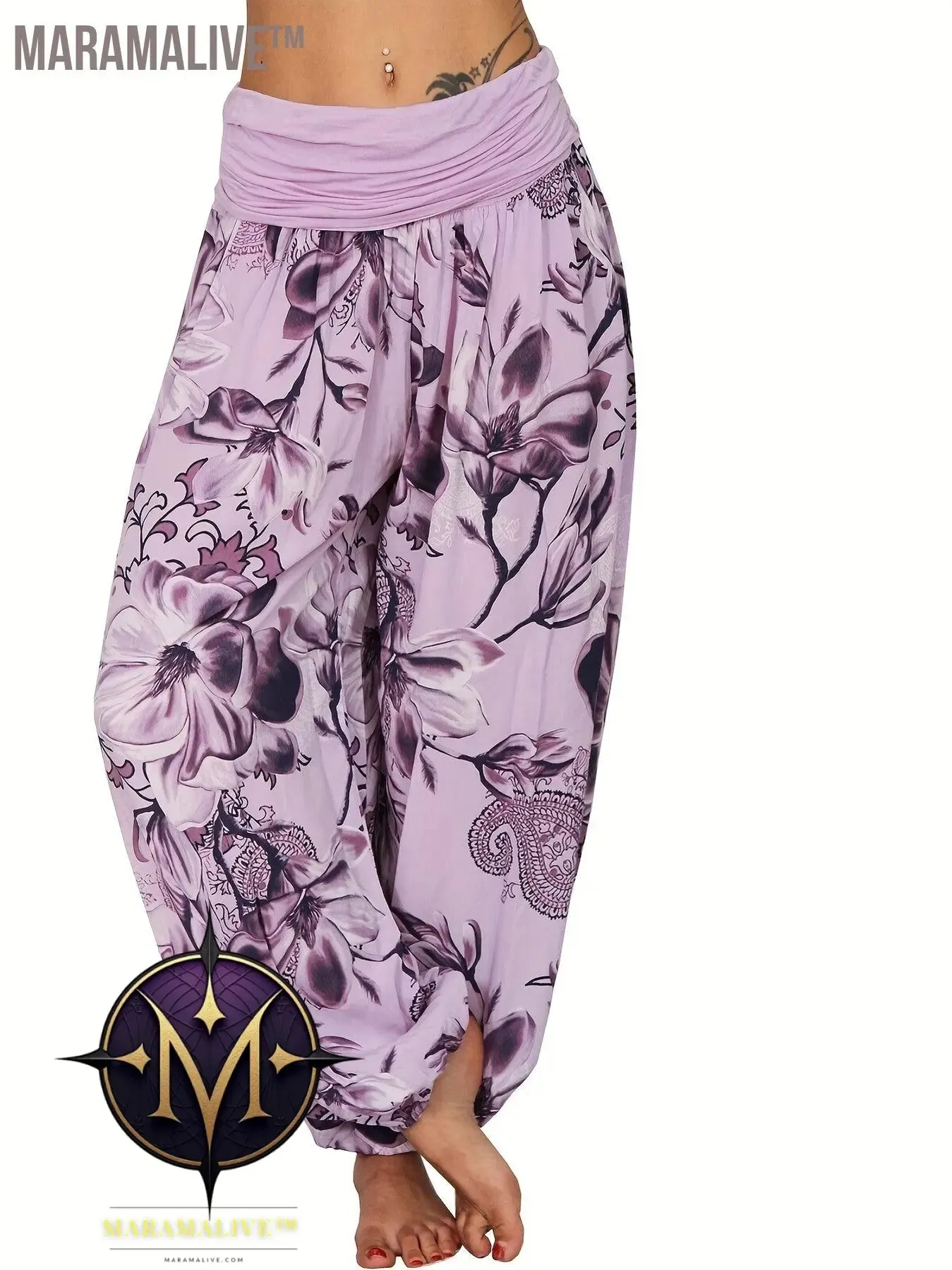Boho Floral Print Ruched Harem Pants, Casual Bohemian Pants For Spring & Summer, Women's Clothing