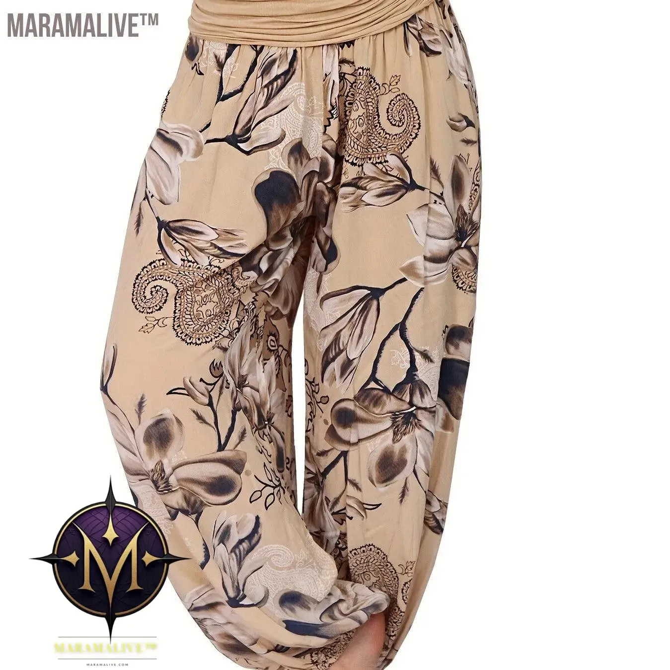 Boho Floral Print Ruched Harem Pants, Casual Bohemian Pants For Spring & Summer, Women's Clothing