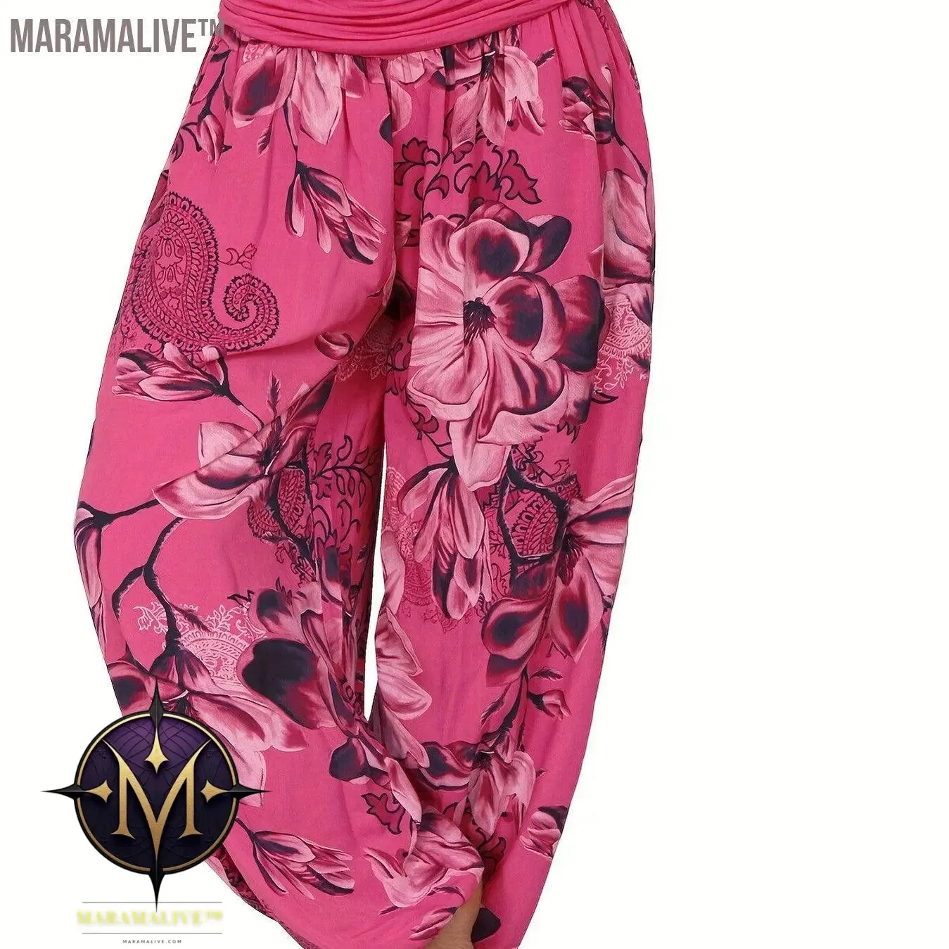 Boho Floral Print Ruched Harem Pants, Casual Bohemian Pants For Spring & Summer, Women's Clothing