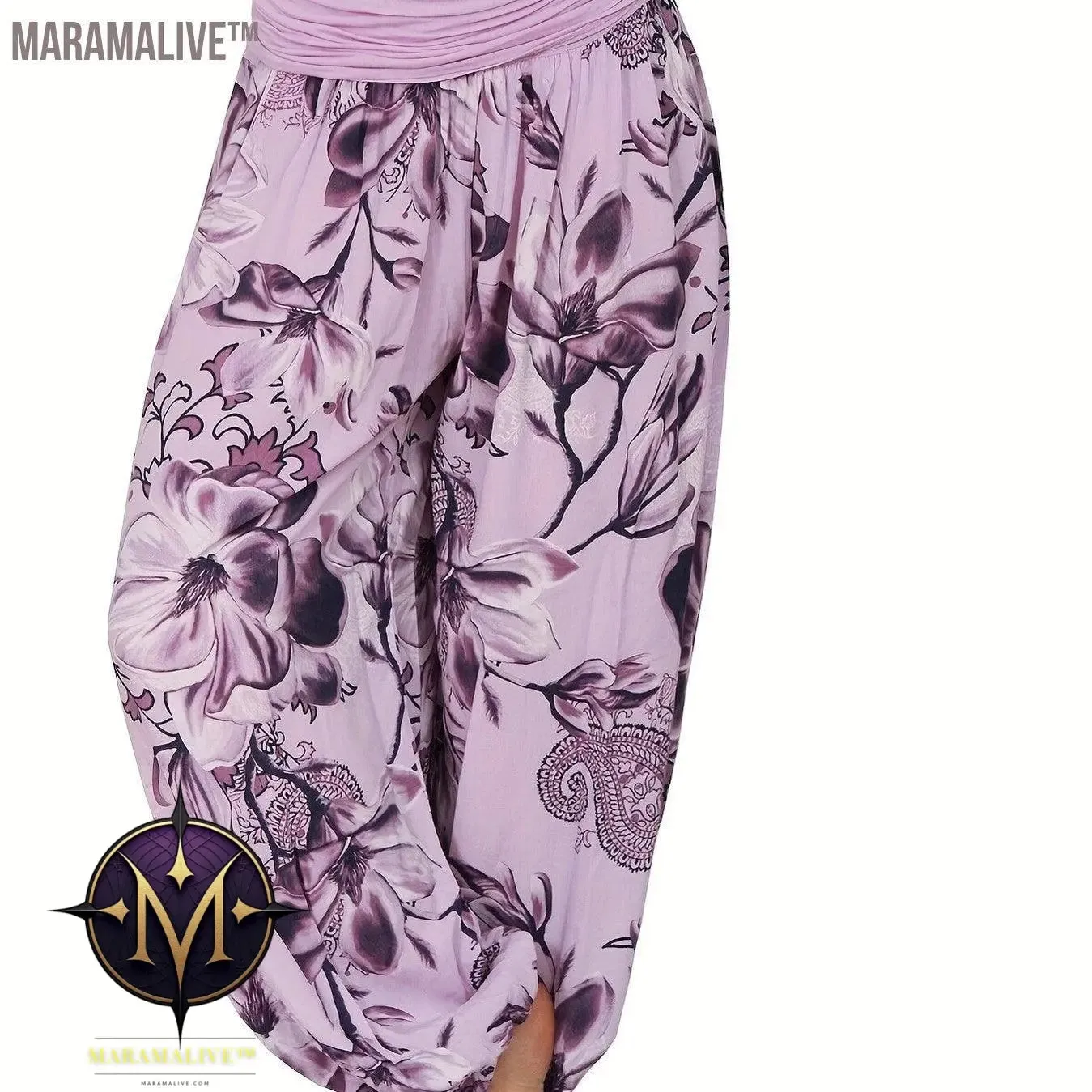 Boho Floral Print Ruched Harem Pants, Casual Bohemian Pants For Spring & Summer, Women's Clothing