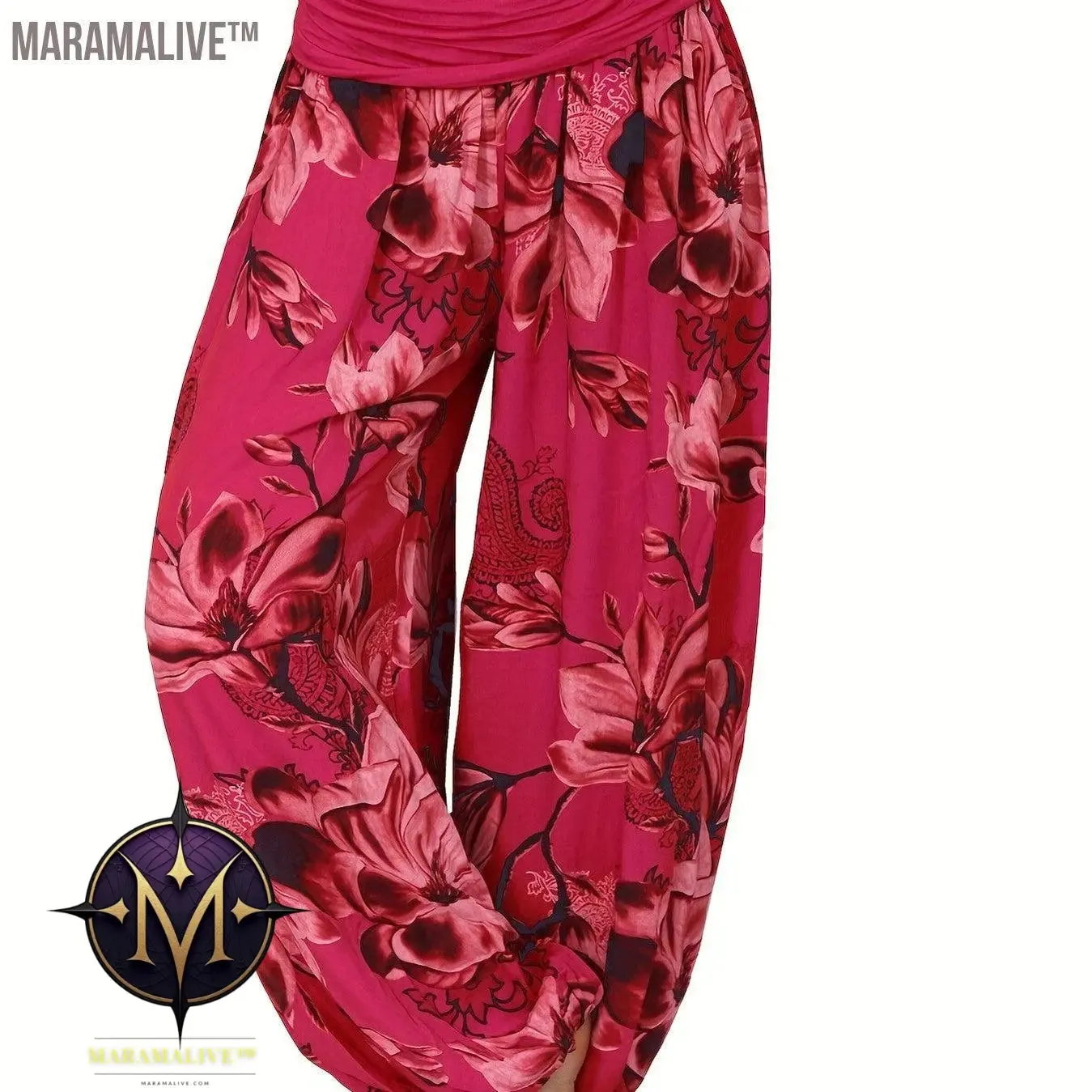Boho Floral Print Ruched Harem Pants, Casual Bohemian Pants For Spring & Summer, Women's Clothing