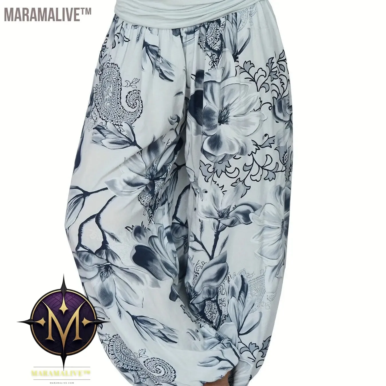 Boho Floral Print Ruched Harem Pants, Casual Bohemian Pants For Spring & Summer, Women's Clothing
