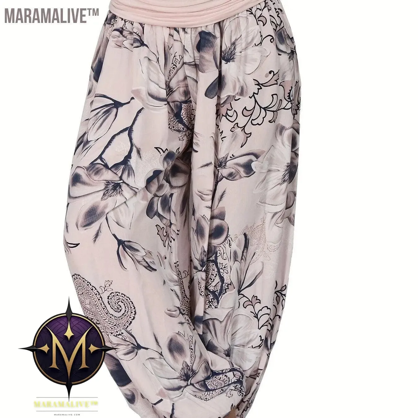 Boho Floral Print Ruched Harem Pants, Casual Bohemian Pants For Spring & Summer, Women's Clothing