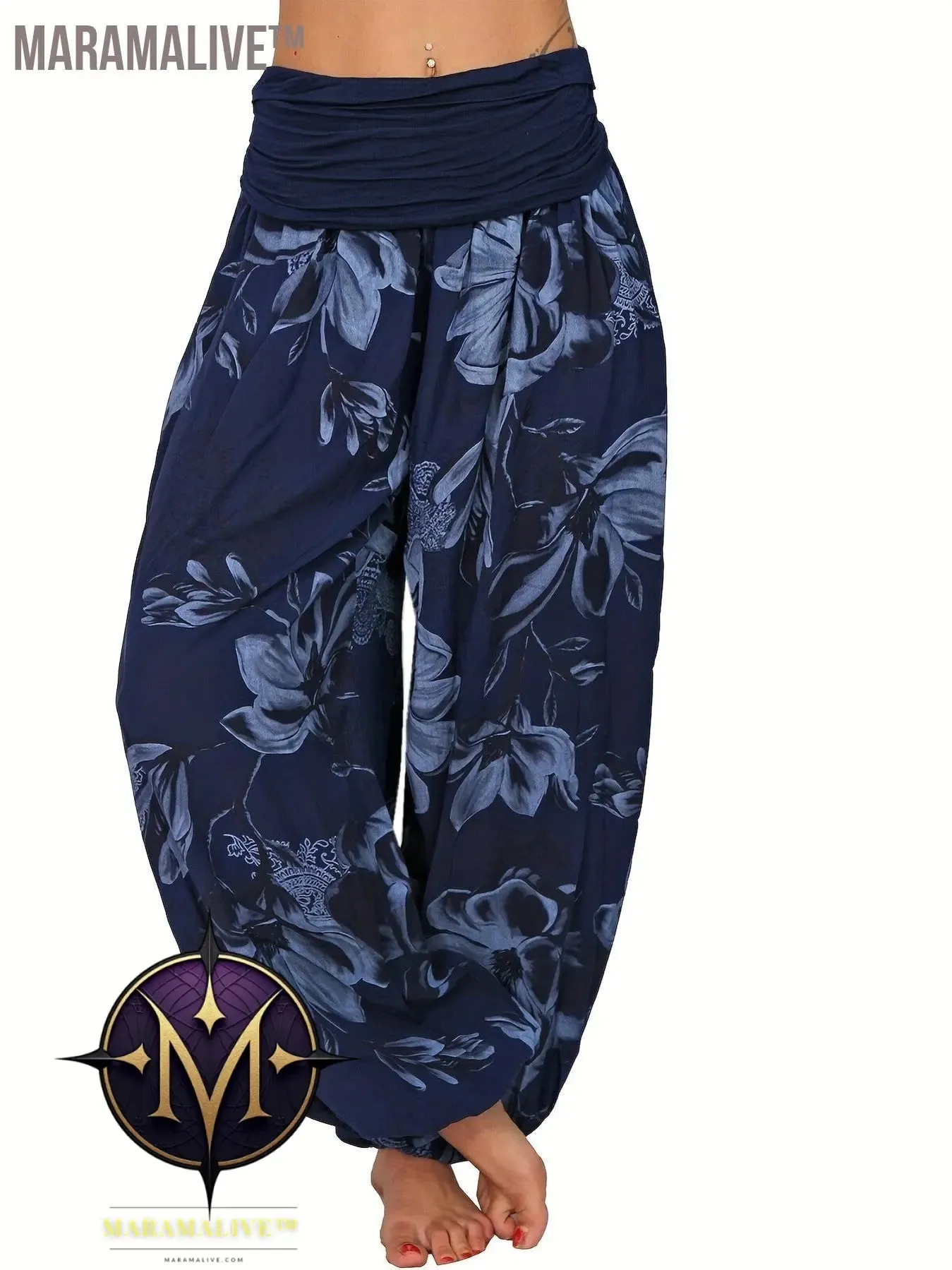 Boho Floral Print Ruched Harem Pants, Casual Bohemian Pants For Spring & Summer, Women's Clothing